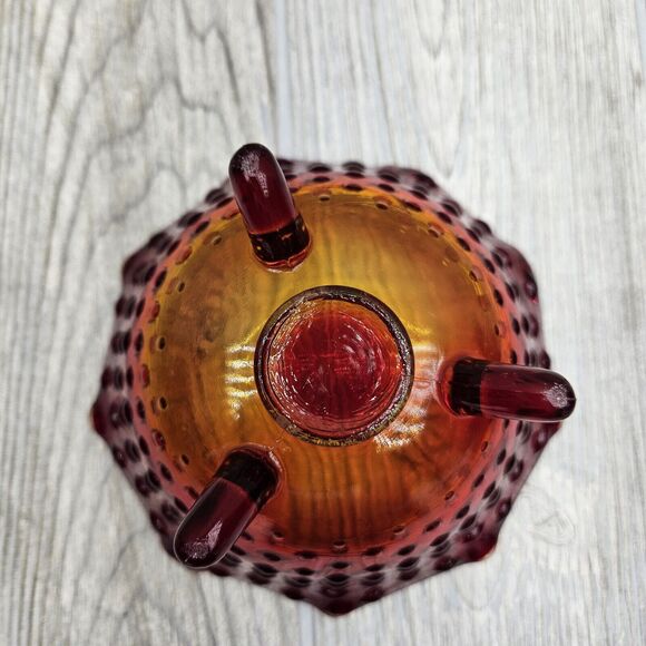 Vtg MCM Glass Amberina‎ Ruby Yellow Short 3 Footed Bowl Dish Hobnail Scalloped - Picture 5 of 9